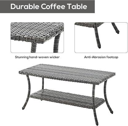 Rilyson Patio Tables Outdoor Coffee Table - Wicker Rattan Coffee Tables with 2-Tier Storage Shelf Side Table for Porch Deck Balcony Garden Outside Rectangle Mixed Grey