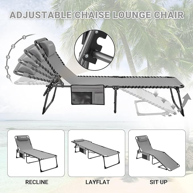 KingCamp Folding Outside Patio Lounge Chair Adjustable 5-Position Adults Reclining Folding Chaise with Pillow, for Patio - Photo 4