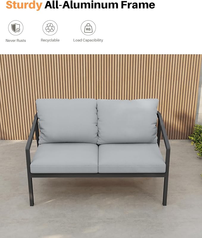 Outdoor Patio Loveseat, Never-Rust Aluminum Outdoor Loveseat Couch with Thick Cushions, Modern 2-Seater Patio Sofa Bench, Outdoor Sofa Loveseat Furniture for Backyard, Garden, Black | Never-Rust, Wraparound Design, Removable Cushions