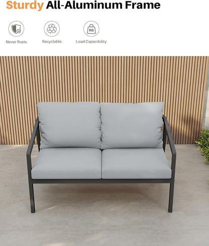 Outdoor Patio Loveseat, Never-Rust Aluminum Outdoor Loveseat Couch with Thick Cushions, Modern 2-Seater Patio Sofa Bench, Outdoor Sofa Loveseat Furniture for Backyard, Garden, Black | Never-Rust, Wraparound Design, Removable Cushions