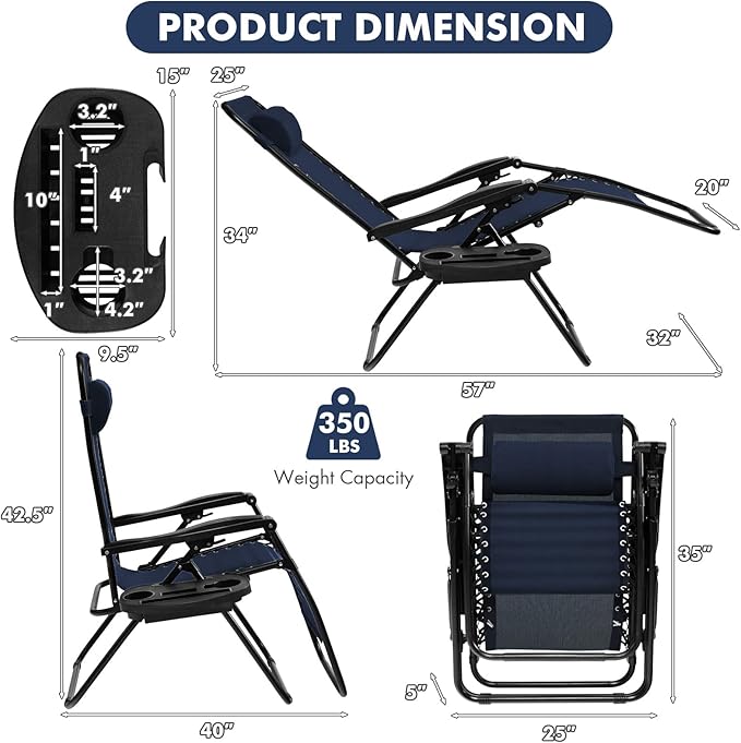 Giantex 2 PCS Zero Gravity Chair, Outdoor Chaise Lounge with Cup Holder - Photo 3