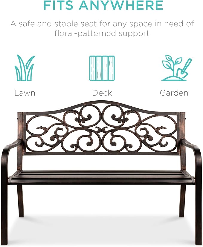 Best Choice Products 50in Classic Steel Garden Bench Chair Furniture for Outdoor, Patio, Yard, Lawn w/Floral Scroll Design - Bronze