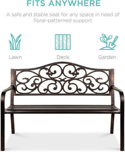 Best Choice Products 50in Classic Steel Garden Bench Chair Furniture for Outdoor, Patio, Yard, Lawn w/Floral Scroll Design - Bronze