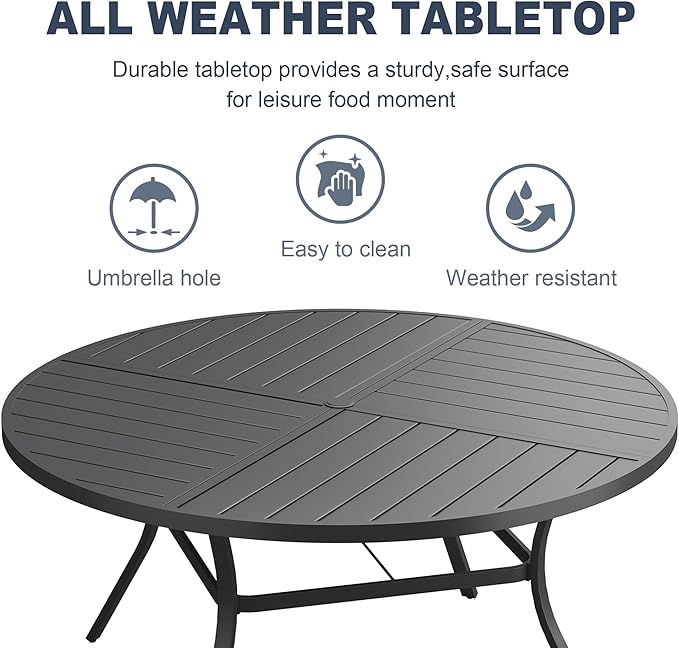 VICLLAX 50" Round Patio Dining Table for 6, All Weather Metal Outdoor Table with 1.57" Umbrella Hole and Surdy Frame for Garden Lawn Deck, Black