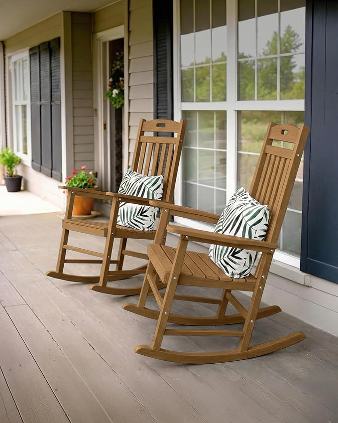 YEFU Outdoor Rocking Chair Lawn: Porch Rocking Chair, 80% Pre-Assembled Rocker, Rock smoothly for Middle, Aged and Elderly People, Imitation Teak