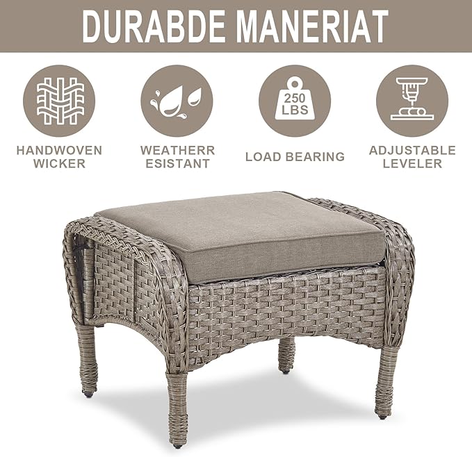 Belord Outdoor Ottomans for Patio Foot Rest - 25 Inch PE Wicker Foot Stool Set of 2 with Removable Cushions for Patio Furniture Sets,All Weather Rattan Ottoman for Balcony Deck Gray/Gray