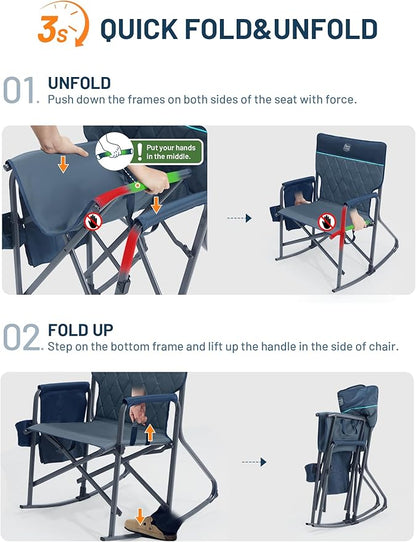 Timber Ridge Folding Oversized Rocking Camping Chair, 400lbs Capacity Portable Outdoor Rocker with Hard Armrests, Cup Holder & Side Pocket, Quick-Fold Design for Outdoor, Patio, Lawn, Blue