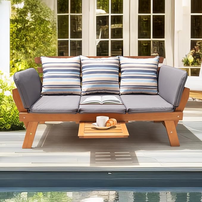 IDZO Amelie Eucalyptus Convertible Outdoor Sofa, 750lbs Capacity Patio Couch with Folding Armrest & Coffee Tray - Photo 5