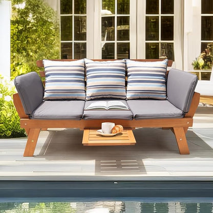 IDZO Amelie Eucalyptus Convertible Outdoor Sofa, 750lbs Capacity Patio Couch with Folding Armrest & Coffee Tray, FSC Certified Wood Furniture Set with 3 Pillows, High Static Load - Gray