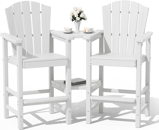 KINGYES Embossed Balcony Chair, Tall Adirondack Chair Set of 2, All Weather HDPE Bar Height Adirondack Chair with Double Connecting Trays, Outdoor Adirondack Barstools, High Airondack Chair, White
