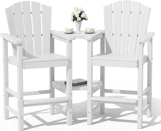 KINGYES Embossed Balcony Chair, Tall Adirondack Chair Set of 2, All Weather HDPE Bar Height Adirondack Chair with Double Connecting Trays, Outdoor Adirondack Barstools, High Airondack Chair, White