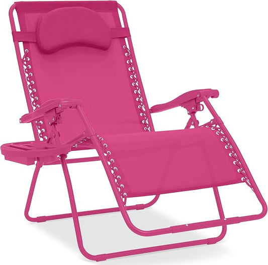 Best Choice Products Oversized Zero Gravity Chair, Folding Outdoor Patio Lounge Recliner w/Cup Holder Accessory Tray, Pillow - Ultimate Pink