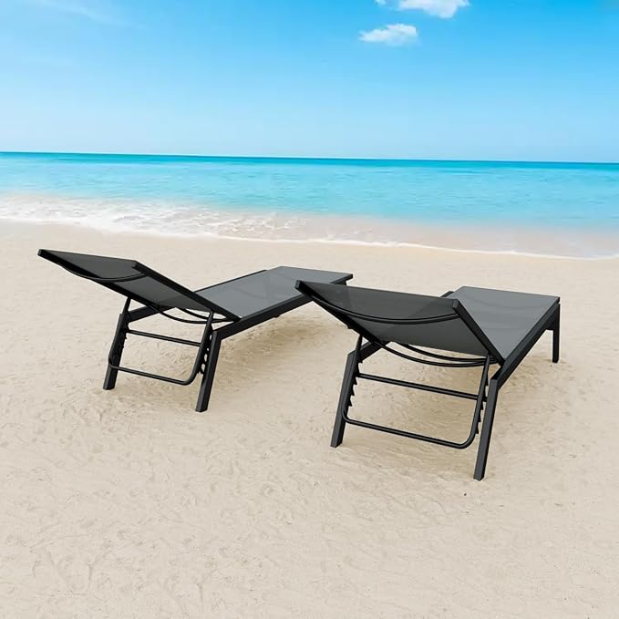 Aluminum Outdoor Chaise Lounge Set of 2,Patio Breathable Textilene Lounge Chairs,Sunbathing Recliner w/5 Adjustable Backrest, for Outside Yard Balcony Garden Poolside Beach Deck Lawn,Grey