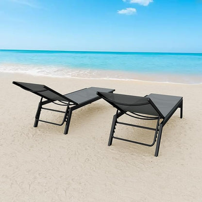 Aluminum Outdoor Chaise Lounge Set of 2,Patio Breathable Textilene Lounge Chairs,Sunbathing Recliner w/5 Adjustable Backrest, for Outside Yard Balcony Garden Poolside Beach Deck Lawn,Grey