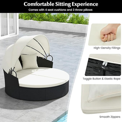HAPPYGRILL Patio Round Daybed, Wicker Daybed with Retractable Canopy, Separated Seating Sectional Sofa with Cushions & Pillows, Clamshell Daybed for Backyard Porch Poolside