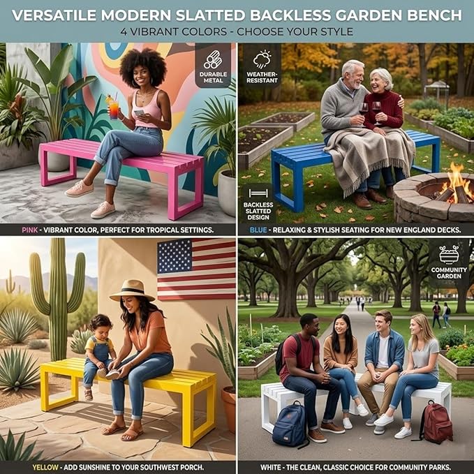 Outdoor Bench Backless Metal Garden Bench, 3.3ft 3.9ft 4.9ft 5.9ft Heavy Duty Weatherproof Patio Bench for 2-3 Person Seating, Steel Park Benches for Outside Yard Front Porch Deck(Yellow,4.9ft)