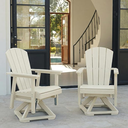 HDPE Swivel Glider Chair Outdoor, Weather Resistant Adirondack Outside Rocking Chair, Wooden Textured Outdoor Swivel Chair Set of 2 for Porch, Balcony, Poolside, Backyard (White)