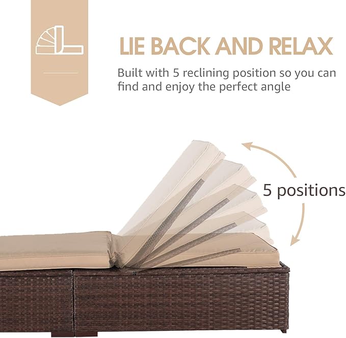 JOIVI Outdoor Chaise Lounge Chair, All-Weather PE Wicker Patio Chairs Pool Lounge Chairs for Outside, Brown Rattan Reclining Outdoor Chair with Adjustable Backrest & Removable Beige Cushion
