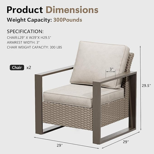 Patio Chairs Set of 2, Outdoor Wicker Chair Metal Patio Furniture with Deep Seating, Thicken Cushions for Deck, Porch, Yard Use (Beige, 2 PCS/Chairs)