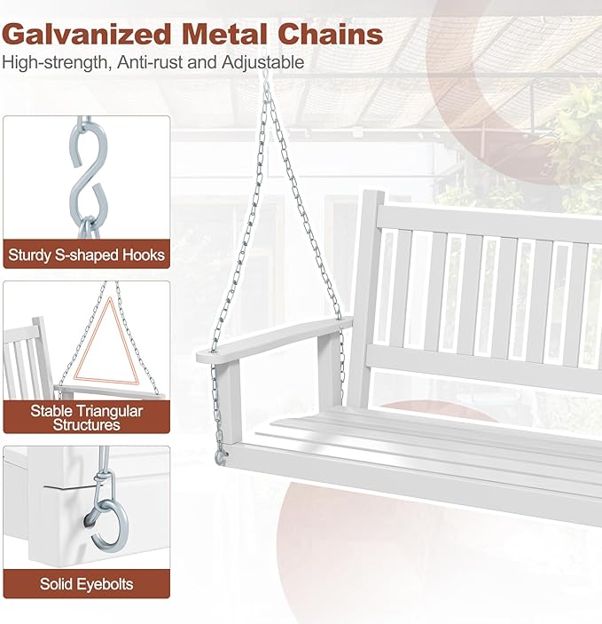 Tangkula 2 Person Wooden Porch Swing, Hanging Patio Swing with 2 Adjustable Galvanized Metal Chains, Slatted Back & Seat - Photo 4