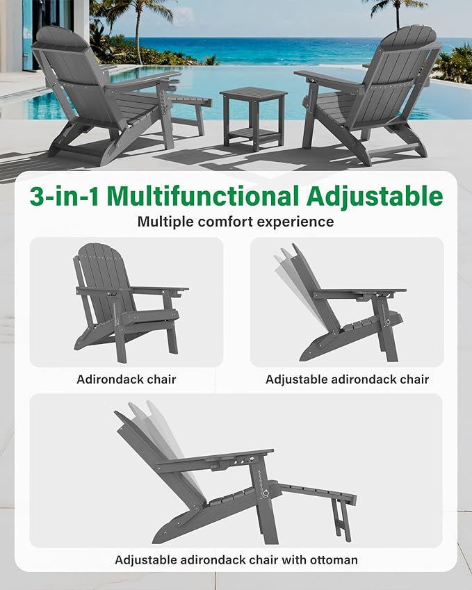 YEFU Adirondack Chair with Retractable Ottoman: Adjustable Folding Adirondack Chairs with Cup Holder - HDPE Plastic Outdoor Fire Pit Chairs Set of 6 - All Weather for Patio/Firepit/Outside/Pool(Grey)