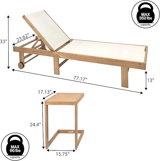 JONATHAN Y Trabuco Coastal Modern Acacia Wood Mesh 5-Position Outdoor Foldable Chaise Lounge Set with Side Table, White/Light Teak