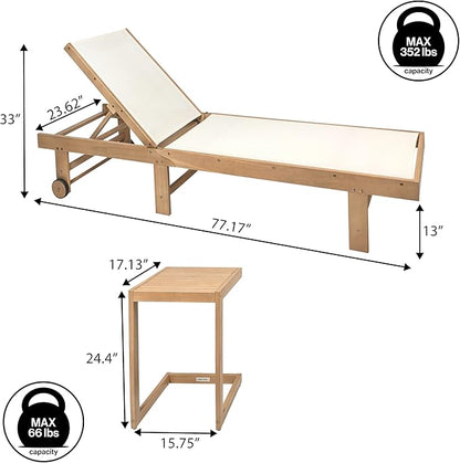 JONATHAN Y Trabuco Coastal Modern Acacia Wood Mesh 5-Position Outdoor Foldable Chaise Lounge Set with Side Table, White/Light Teak