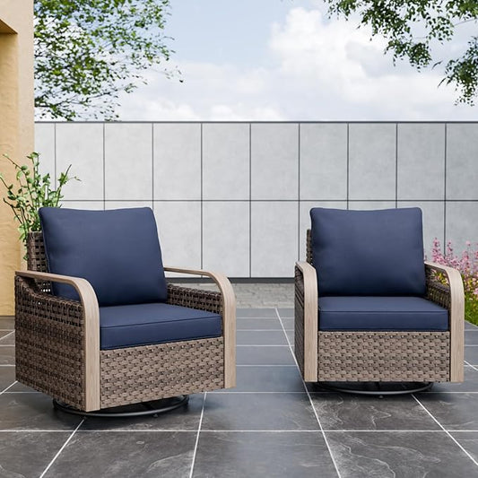 Modern Wicker Outdoor Swivel Rocking Chairs, Rattan Glider Rocker Chairs Patio Armchairs for Backyard, Deck, Porch, Garden, 2 Pieces, Brown/Blue