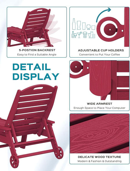 Chaise Lounge Chair Outdoor with Wheels Set of 2, Adjustable 5-Position Chaise Lounge Outdoor with Wood Texture, Patio Lounge Chair for Poolside Backyard, Red
