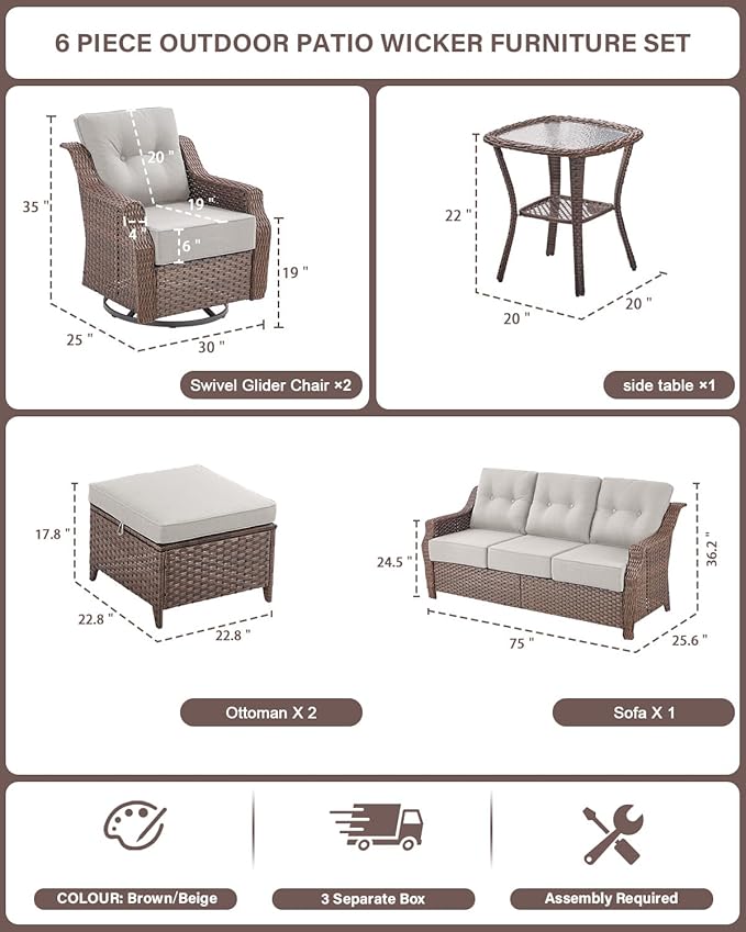 Belord High Back Outdoor Patio Furniture Set - Wicker Outdoor Swivel Rocker Patio Chairs with Sofa and Ottoman - Photo 2
