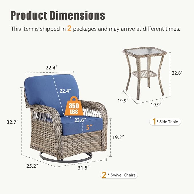 3 Pieces Patio Furniture Set with Swivel Chairs, All Weather Wicker Swivel Rocker Patio Chairs Rattan Side Table - Photo 2