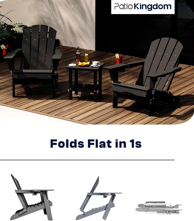 Adirondack Chair with Footrest and Table Set,Folding Chair with Retractable Ottoman,HDPE All Weather Fire Pit Chair with Cup Holder,5-Piece(Black, 2 Chair & 2 footrest & 1 Table)