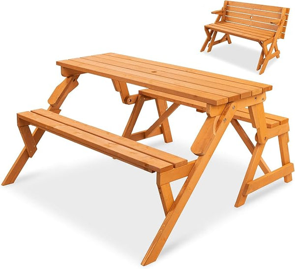 Best Choice Products 2-in-1 Transforming Interchangeable Outdoor Wooden Picnic Table Garden Bench for Backyard, Porch - Photo 1