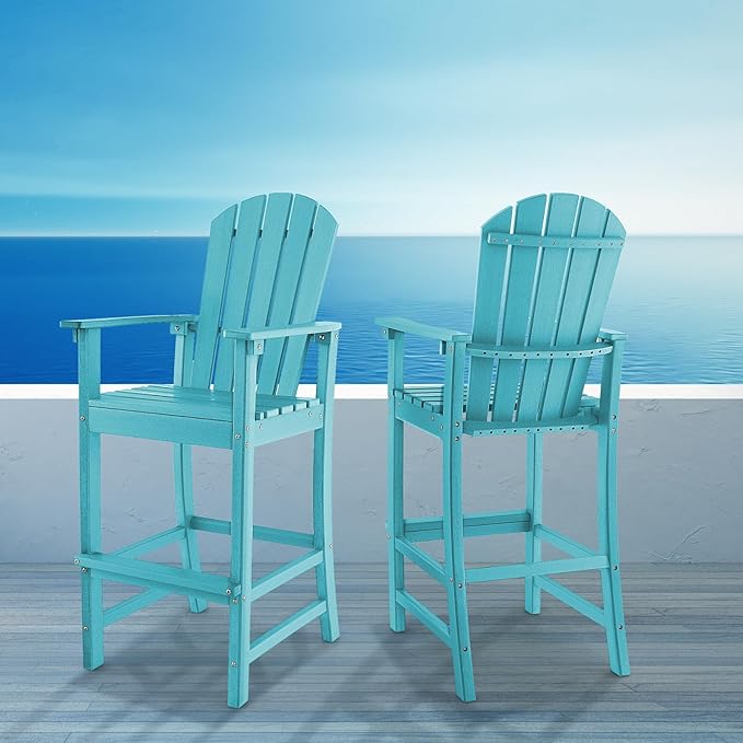 Giantex Set of 2 HDPE Outdoor Bar Stools, All Weather Tall Adirondack Chair with Armrest, Footrest, Load 360Lbs, Counter Height Bar Stool for Patio, Garden, Yard, Indoor Or Outdoor Use (Turquoise)