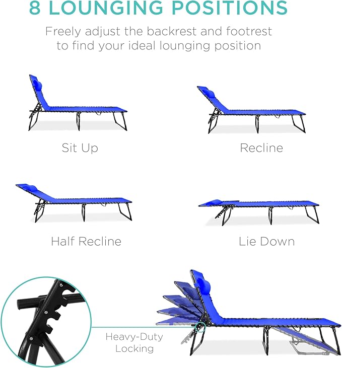 Best Choice Products Patio Chaise Lounge Chair, Portable Outdoor Folding Recliner for Lawn, w/ 8 Positions, Handles, 300lb Capacity - Resort Blue