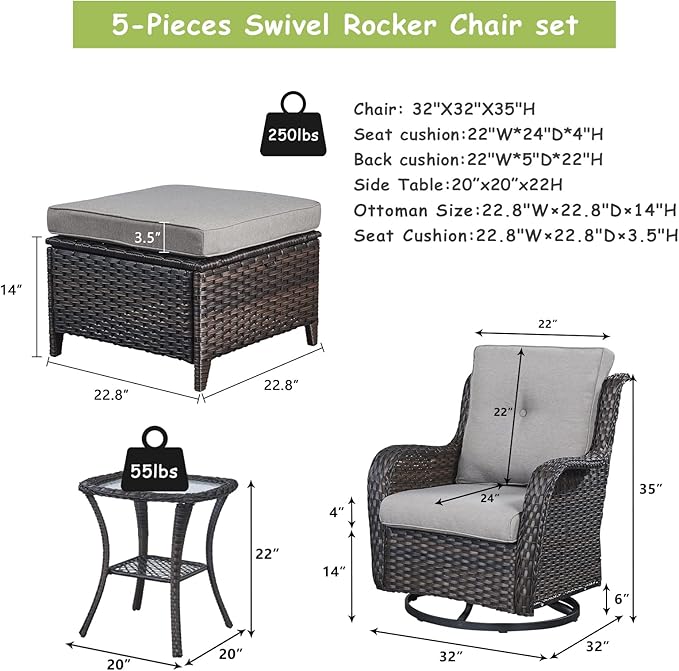 Rilyson Wicker Patio Furniture Set - 5 Piece Rattan Outdoor Sectional Conversation Sets with 2 Swivel Rocking Chairs - Photo 2