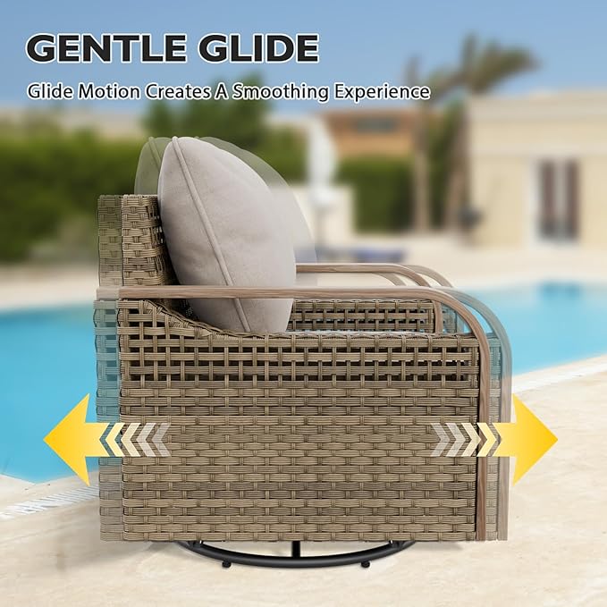 EAGLE PEAK Modern Wicker Outdoor Glider Rocking Chair, Swivel Rocker, Rattan Patio Furniture for Yard Deck Porch Garden, 4 Chairs, Brown/Gray