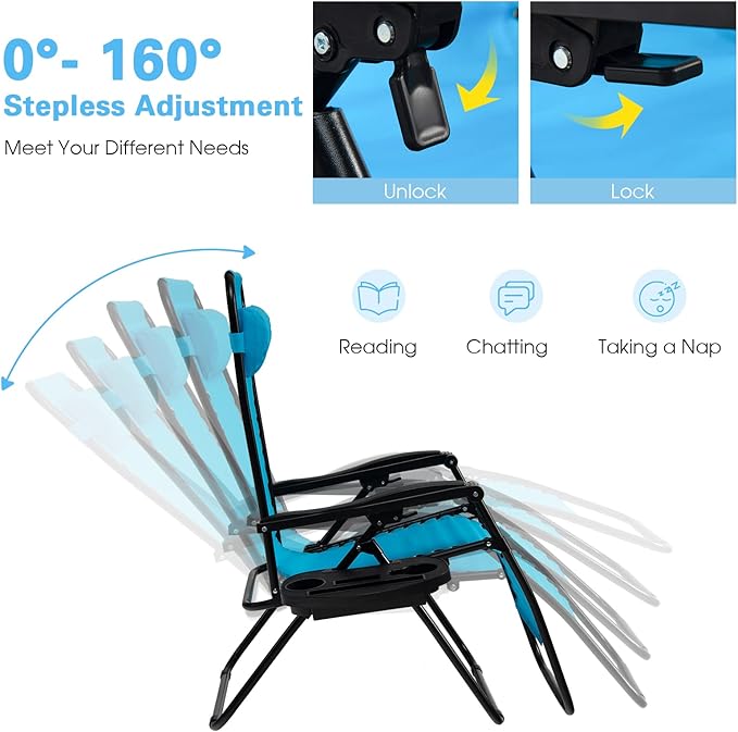 Goplus Zero Gravity Lounge Chairs, 160°Adjustable Folding Recliner w/Pillow and Cup Holder - Photo 4