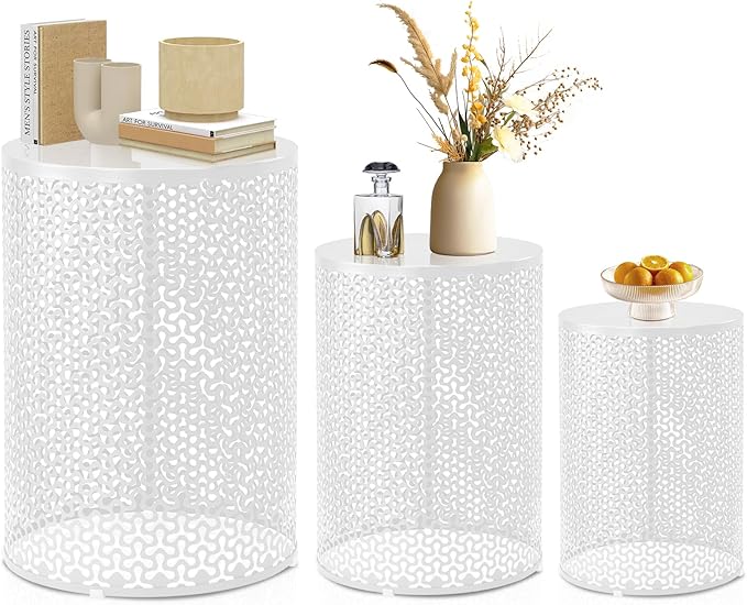Outvita Outdoor Nesting Tables Set of 3, Heavy Duty Metal Frame Accent Modern End Table, Portable Side Table for Indoor, Outdoor, Living Room, Clover Pattern - White