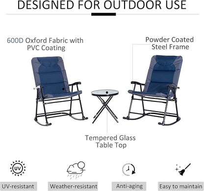 Outsunny 3 Piece Outdoor Patio Furniture Set with Glass Coffee Table & 2 Folding Padded Rocking Chairs, Bistro Style for Porch, Camping, Balcony, Navy Blue