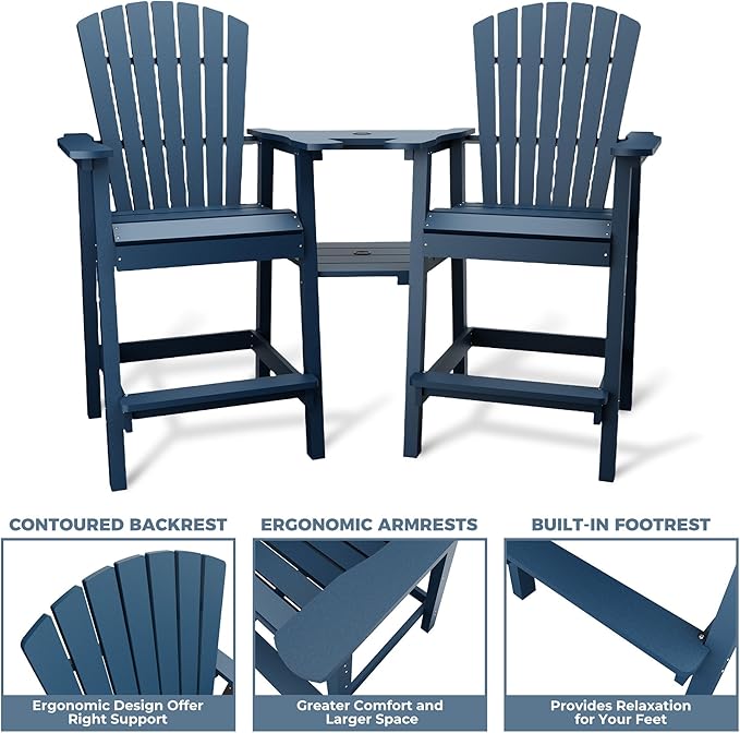 Outdoor Recycled Poly Adirondack Barstools with Connecting Tray, Tall Adirondack Chairs Bar Chairs for Deck, Balcony, Backyard, Patio Bar Stool Chair with High Back Weather Resistant Set of 2
