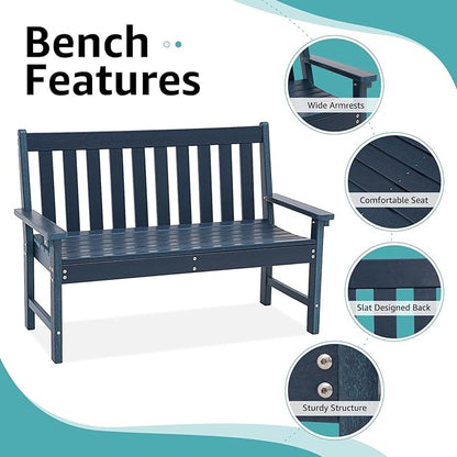 COBANA Outdoor Garden Bench, All Weather HDPE Patio Porch Bench with Faux Wood Grain Pattern, 2-Person Seat for Lawn, Park, Backyard, Entryway, Navy Blue