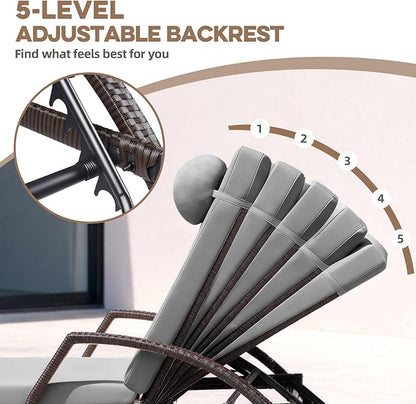Patio Chaise Lounge Chairs Set of 4 Wicker Pool Lounge Chairs Outdoor with 5 Adjustable Back & Removable Cushion & Tray Tanning Chair Sun Loungers for Patio Poolside Deck Beach