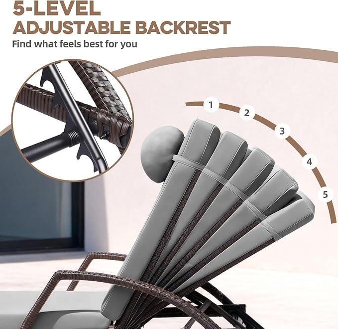 Patio Chaise Lounge Chairs Set of 2 Wicker Pool Lounge Chairs Outdoor with 5 Adjustable Back & Removable Cushion & Tray Tanning Chair Sun Loungers for Patio Poolside Deck Beach