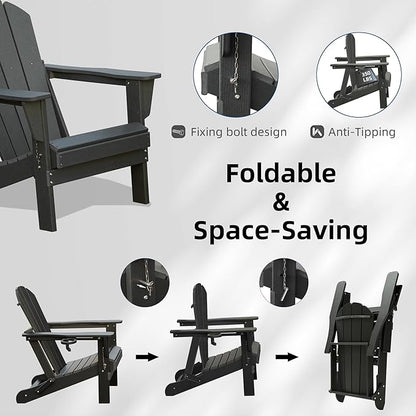 Domi Folding Adirondack Chairs Set of 6, HDPE All-Weather Outdoor Chairs with Cup Holder, Wooden Textured Fire Pit Chairs for Backyard, Patio, Poolside & Deck, Black