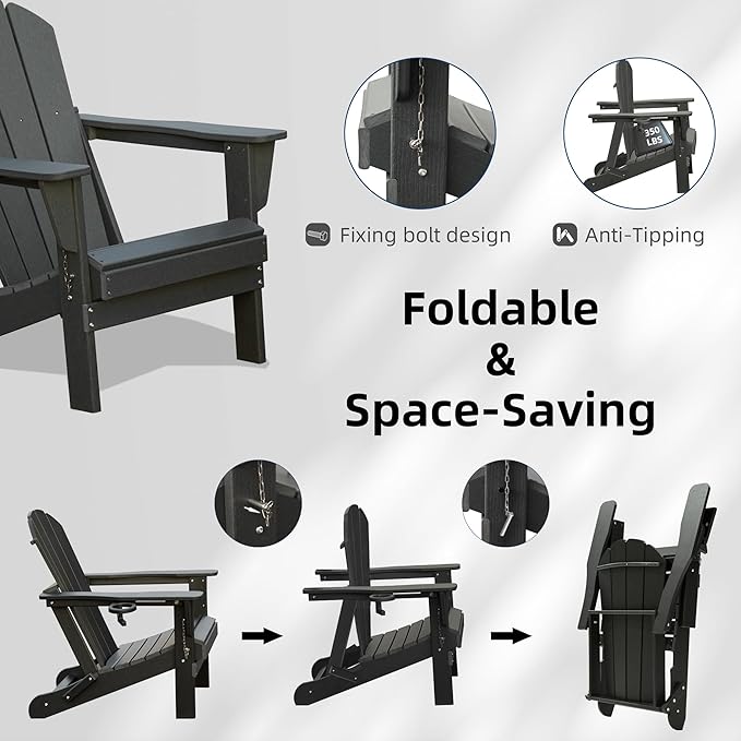Domi Folding Adirondack Chairs Set of 4, HDPE All-Weather Outdoor Chairs with Cup Holder, Wooden Textured Fire Pit Chairs for Backyard, Patio, Poolside & Deck, Black