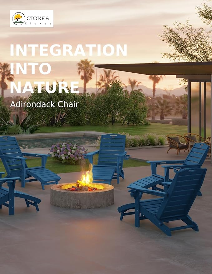 Ciokea Folding Adirondack Chair Set of 4 with Retractable Ottoman Fire Pit Patio Chair with Pull Out Foot Rest Weather - Photo 4
