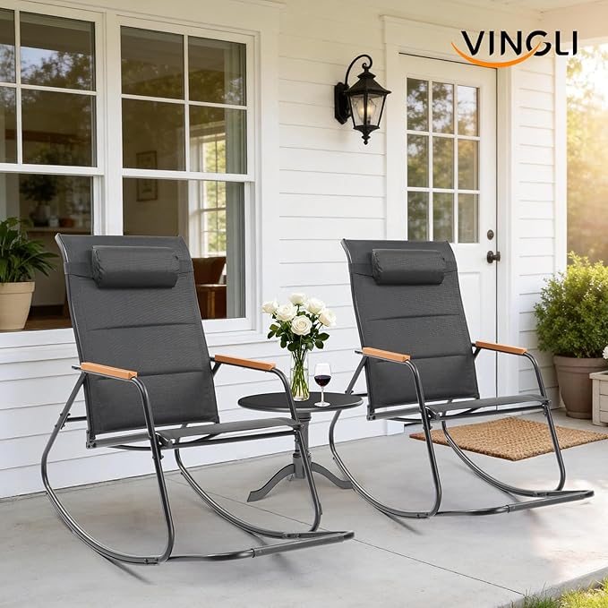 VINGLI Outdoor Rocking Chair, 450lbs Capacity Portable Outdoor Rocker with Footrest, Hard Armrests, Pillow, All Weather Porch Rocker for Garden, Living Room, Patio, Lawn (Black, with footrest)