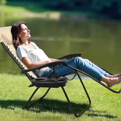 Athena Collection Zero Gravity Chair, Outdoor Lounge Chair with Adjustable Pillow and Cup Holder, Reclining Camping Chair for Outside Beach Lawn Garden Patio Poolside Set to 2- Cream