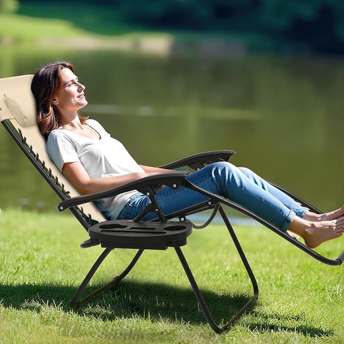 Athena Collection Zero Gravity Chair, Folding Lounge Chair, Reclining Camping Chair, Outdoor Zero Gravity Recliner with Adjustable Pillow and Cup Holder for Outside Beach Garden Patio Poolside -Cream